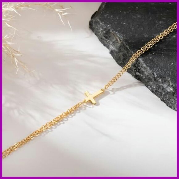Dainty Cross Bracelet Stack, 14K Gold Plated, Adjustable 6.7"+2" Chain - Picture 7 of 7